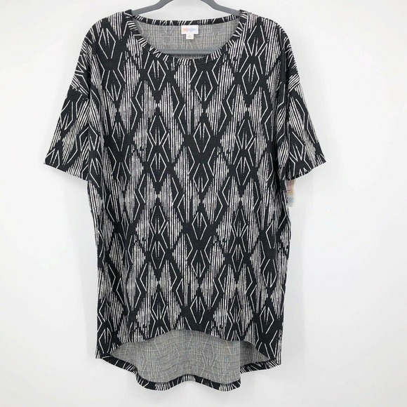 Lularoe Irma Top Black & White Ikat Print Size XS High Low Tunic Half Sleeve NWT - Picture 9 of 12